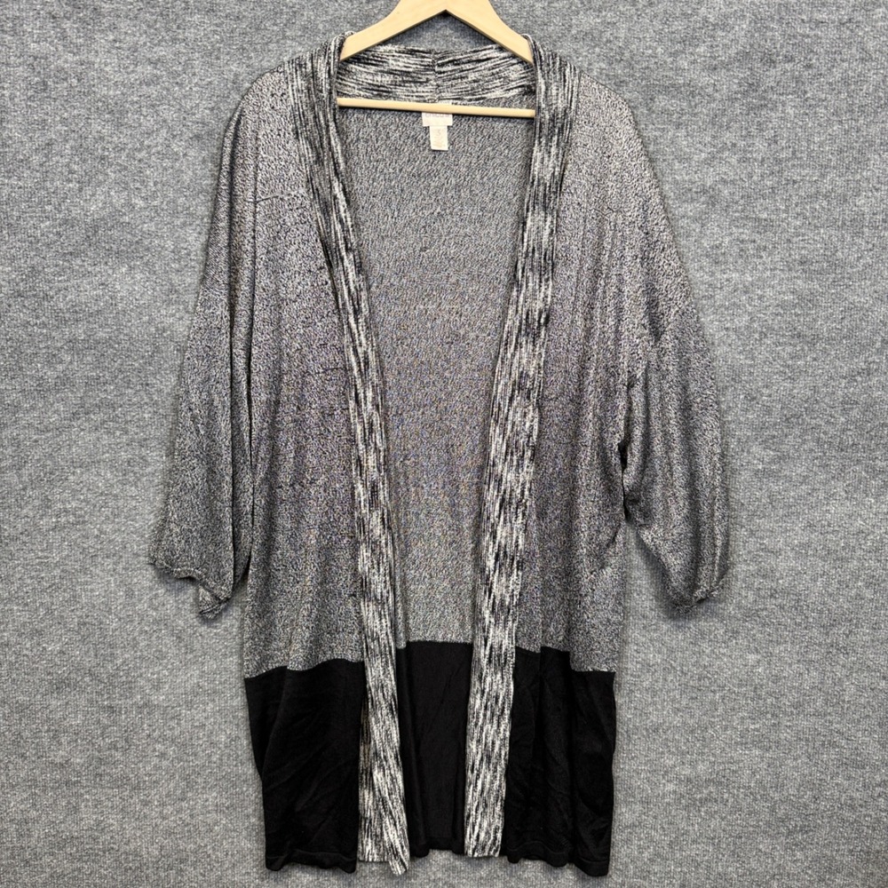 Chico's 3 US XL Duster Cardigan Gray Black Colorblock Metallic Knit Open Front